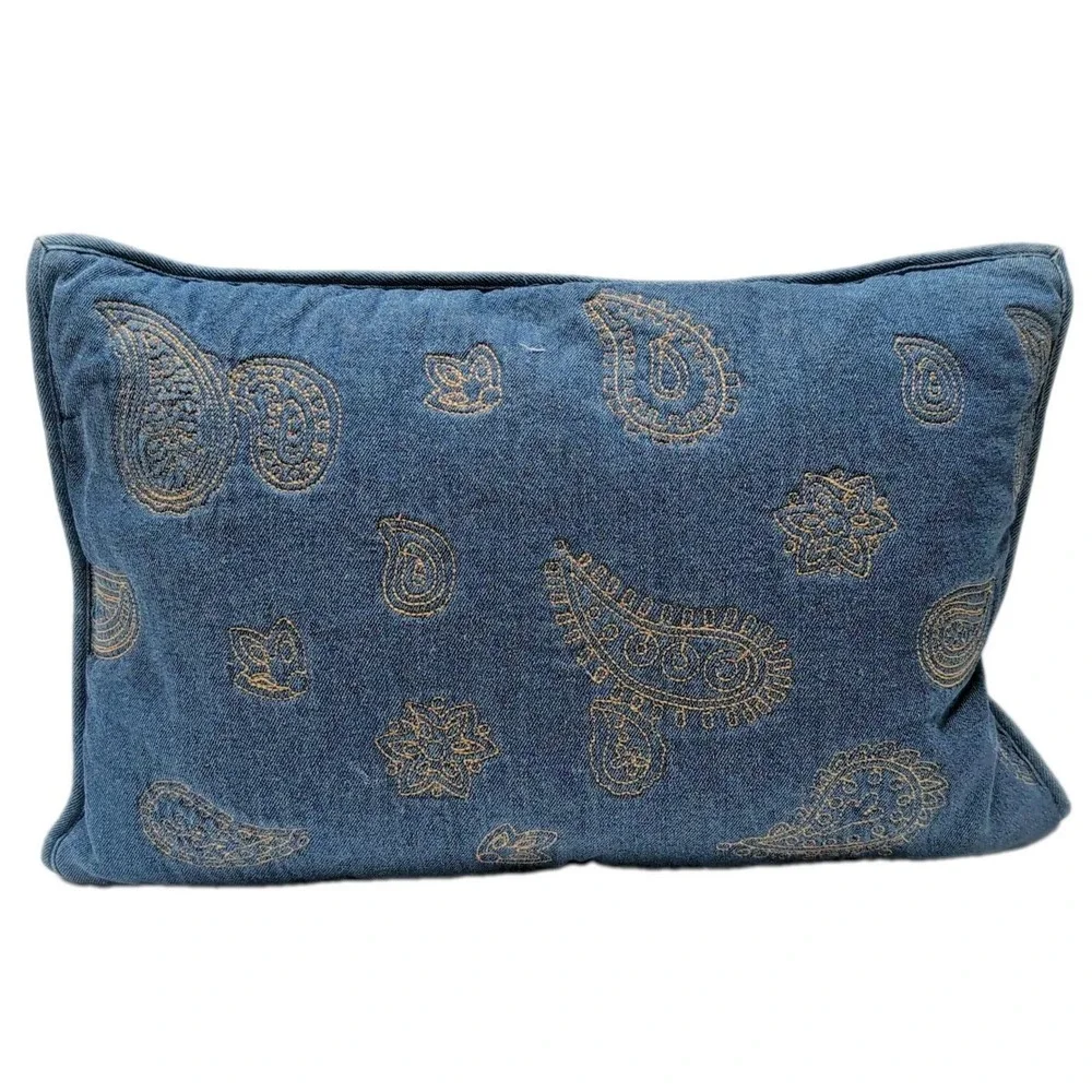 Blue Denim Embroidered Paisley Throw Pillow Rectangle Zipper Closure Boho 18x12